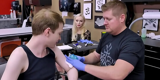 natasha james stepson is nervous while doing his 1st tattoo so she help hin calm down by having sex with him while his artist is busy doing his ink