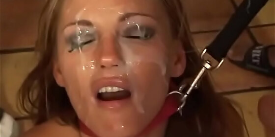 busty dirty whore takes warm cum on her face after blowing few cocks at the kitchen