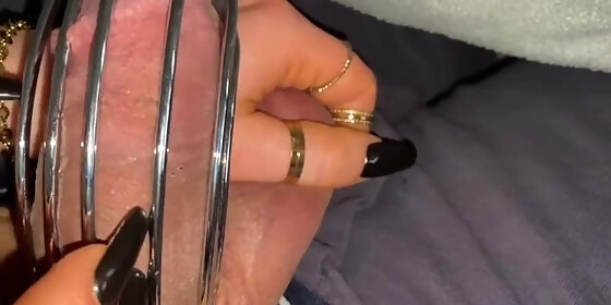 chastity teasing slaves cock in cage with long nails mynastyfantasy