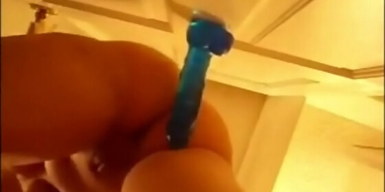 alexis 19 fucks blue dildo mounted on door and squirts