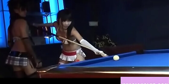 two horny asian girls play with pussy on the pool table