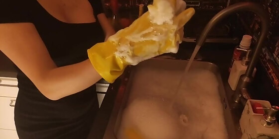 handjob dildo in rubber gloves