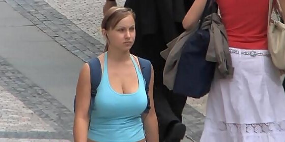 busty legal age youthfulager candid with fine bosom ambling down the street juggling bumpers