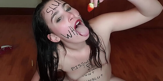 self degrading slut eats piss covered fruits body writing