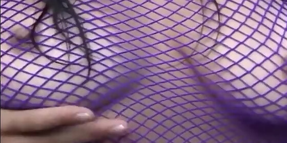 pretty brunette milf fucking wearing a purple crotchless bodystocking