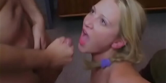 young blonde with pigtails fucks in different positions with a muscular stud and then gives a deep blowjob
