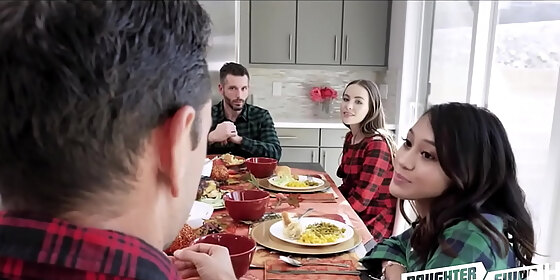 two hot teen stepdaughters jasmine grey and naomi blue decide to swap fuck each others depressedstep stepdad s during thanksgiving dinner