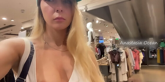 flashing nipples in mall store public slut walk no bra