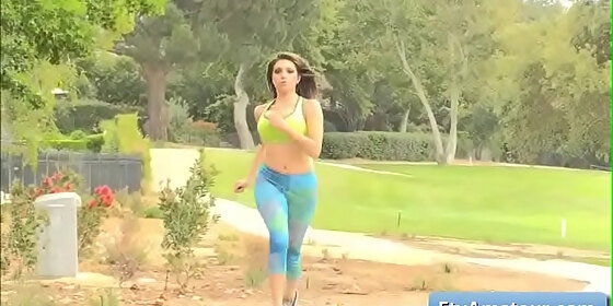 sexy natural big tit brunette amateur darcie play with her big boobs in the woods and goes for a jog