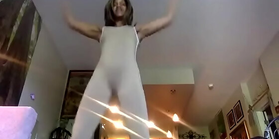 jumping jacks in tan bodysuit with ginger moisther lay down comedy subscribe thank you