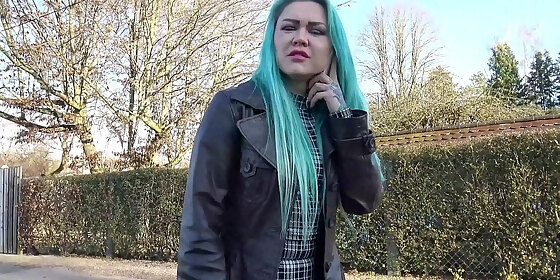 german scout green hair girl talk to fuck for cash at real pick up casting