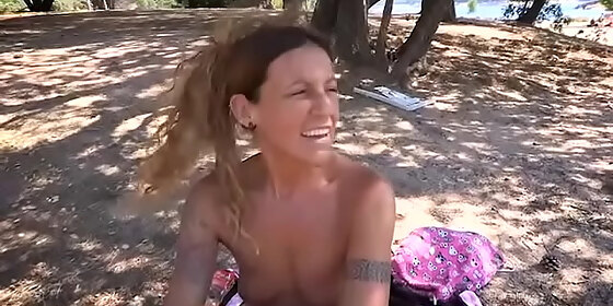 horny milf babe seduces a random guy at the nudist beach